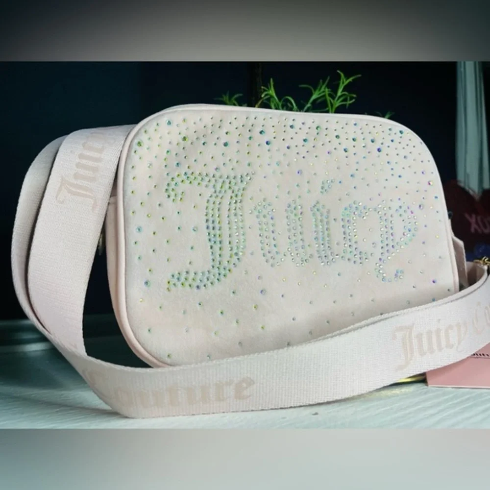 Juicy Couture Let It Shine Velvet Crossbody Pink Clay Rhinestone Logo NWT